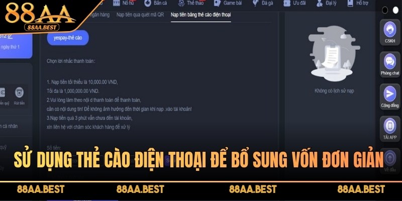nạp tiền 88AA bằng thẻ cào điện thoại